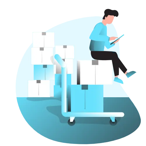 Person seated on boxes holding a tablet, surrounded by stacked boxes and a hand truck, likely in a warehouse setting.